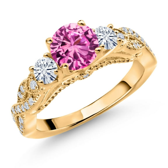 Gem Stone King 18K Yellow Gold Plated Silver Pink Created Sapphire and White Moissanite Engagement Ring for Women (1.47 Cttw, Gemstone September Birthstone, Round 6MM and 3MM, Size 5)