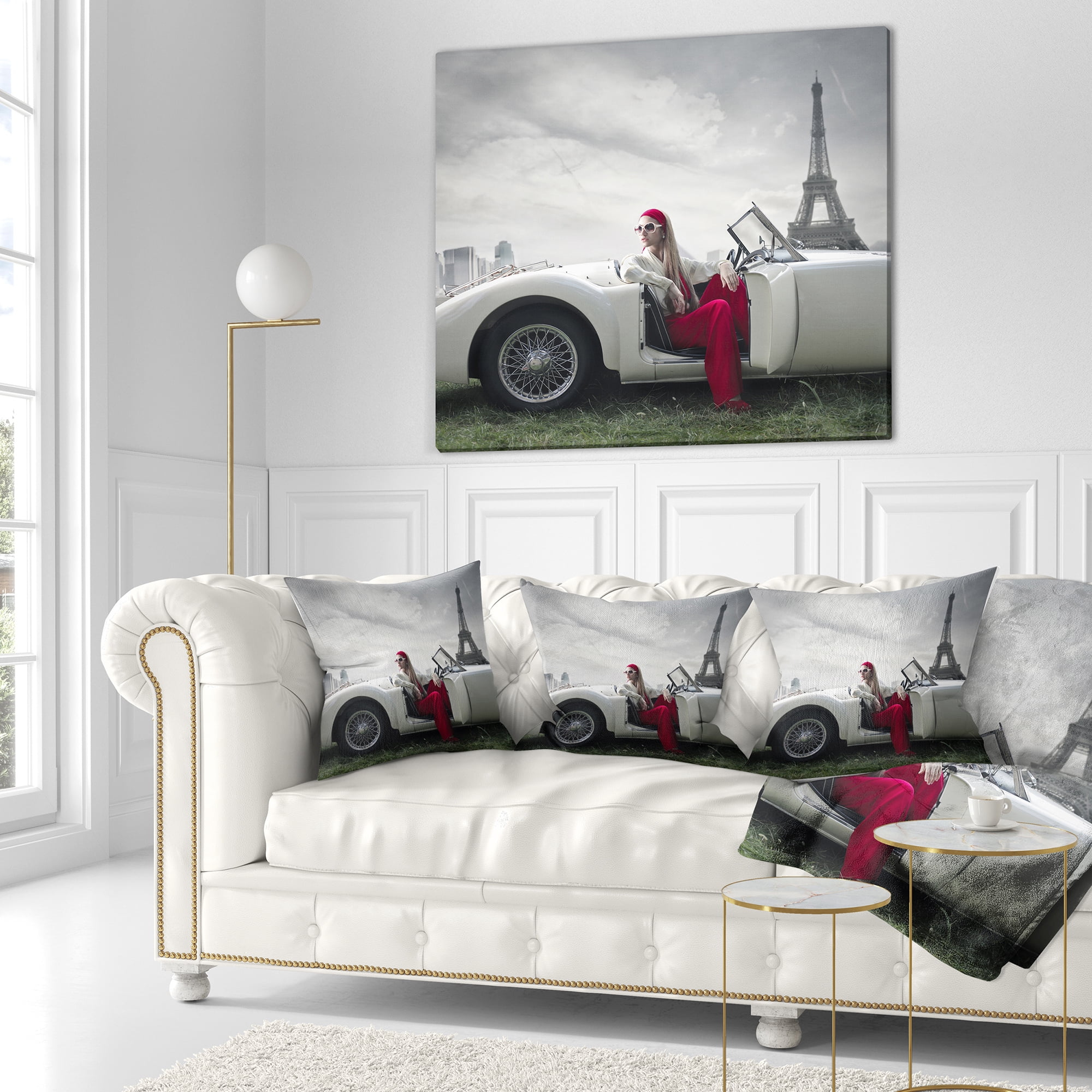 Designart Fashion Woman in Car - Cars Throw Pillow - 16x16