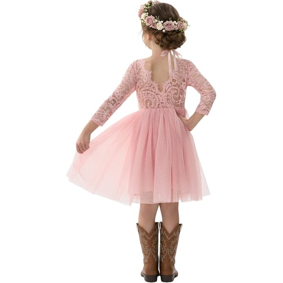 2Bunnies Girls' 12M-10Y Paisley Lace Tulle Long Sleeve Knee Flower Girl Dress