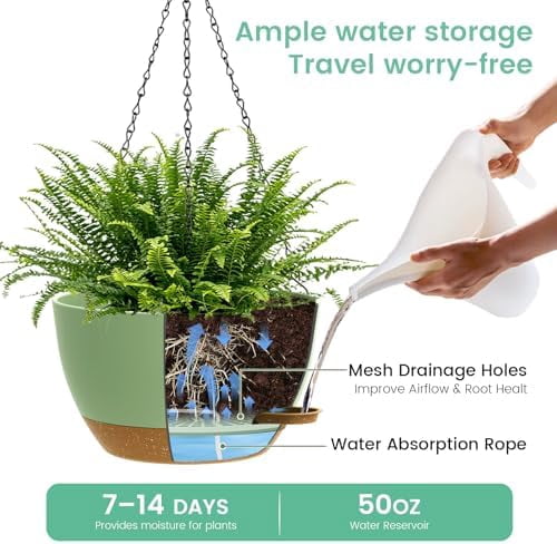 Large Self Watering Hanging Planters for Indoor Outdoor Plants, 13 Inch 2 Pack, Hanging Plant Pots with Removable 50 Oz Reservoir, Plastic Hanging Basket for Window, Porch, Garden