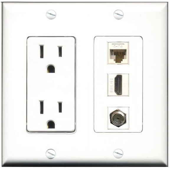RiteAV - 15 Amp Power Outlet 1 Port HDMI 1 Port Coax 1 Port Cat6 Ethernet Ethernet White Decorative Wall Plate