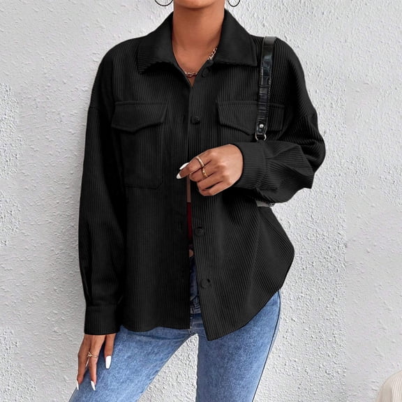 SwiftWear Women's Long Sleeve Button Down Corduroy Shirt Jacket Casual Collared Pocket Shacket​, Black