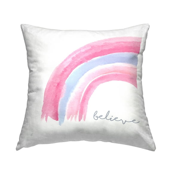Stupell Industries Believe Calligraphy Pink Blue Pastel Rainbow Design by Elizabeth Tyndall Throw Pillow