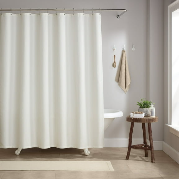 Host & Home Raindrop Stripe Shower Curtain Set, 72x72, with 12 Metal Rolling Rings, Weighted Hem, Rust-Proof Grommets, 100% Polyester Yarn, White