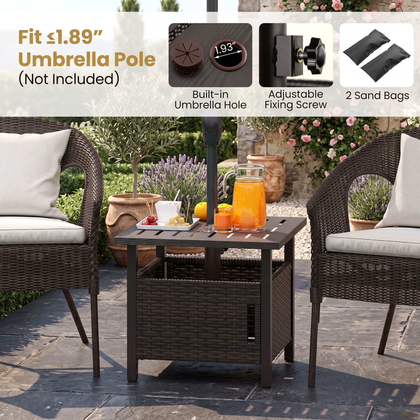 Furnibear Outdoor PE Wicker Patio Umbrella Side Table with 1.93 Inch Umbrella Hole for the Backyard and Poolside, Mix Brown