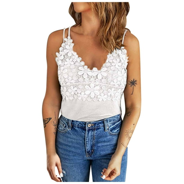 Playeras Blusas y Tops Ropa para Mujer Crop Tank Tops Para Mujer Mujeres Sexy con cuello en V Tank Top Color solido sin mangas Fold Casual Blusa Moda Elegante Tanks Top White S