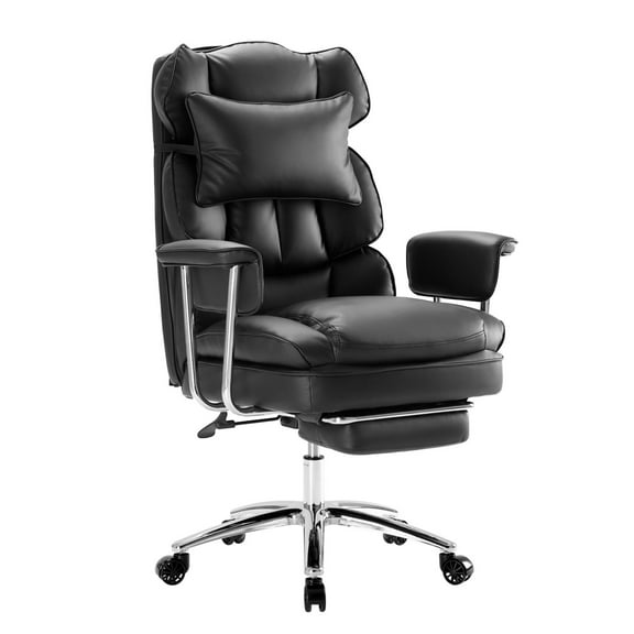 edx Executive Home Office Desk Chair, Ergonomic Big Tall High Back with Footrest & Lumbar Support, Reclining Comfy PU Leather Computer Gaming Chair with Swivel Wheels, Height Adjustable, Black