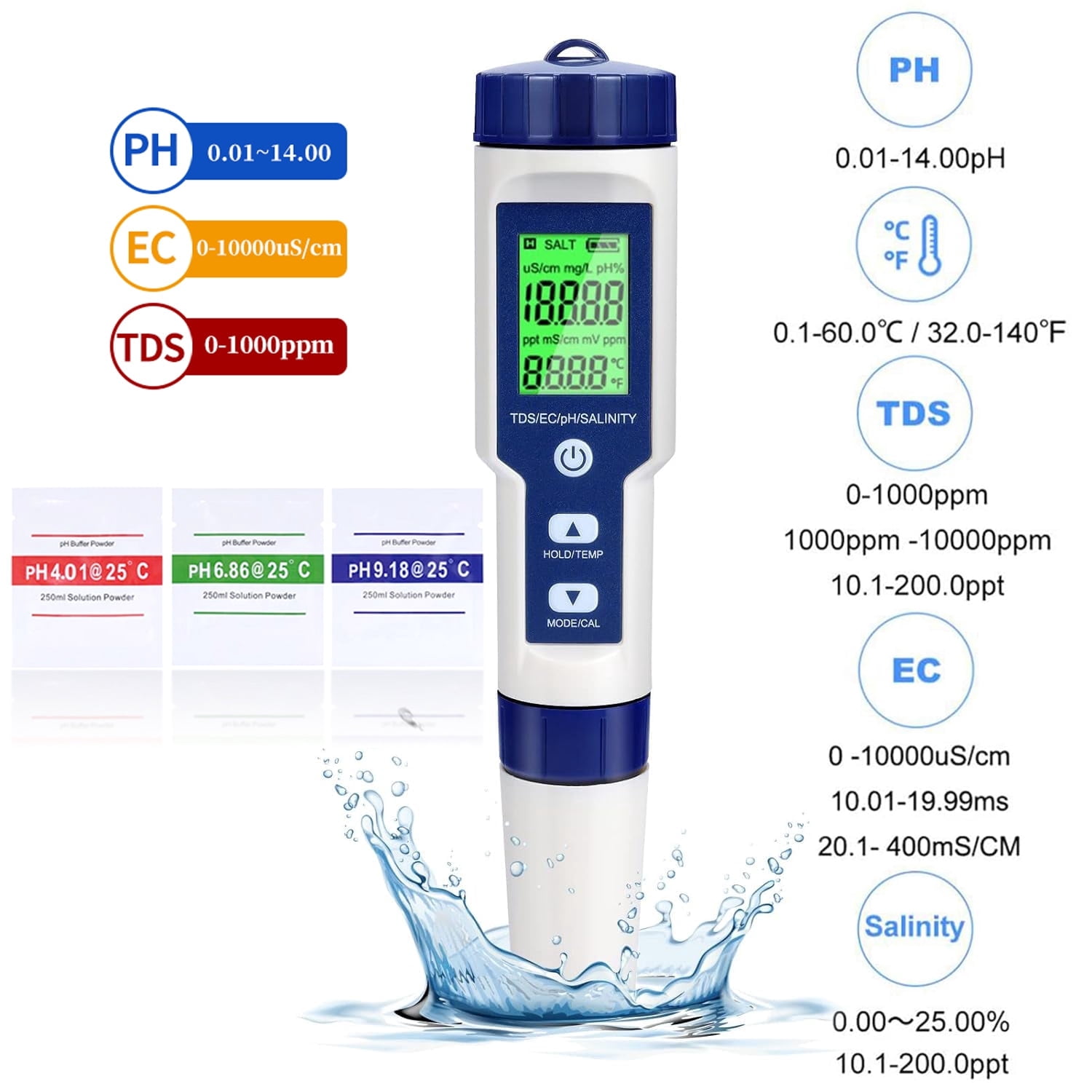 5 in 1 Tester  Pool Salt Tester & pH Meter with Temperature, Digital Meter and PH Tester for Water, PH/TDS/EC/Salinity/Temp Meter with ATC, for Household Drinking Water Hot Tub Spas Fish Tank