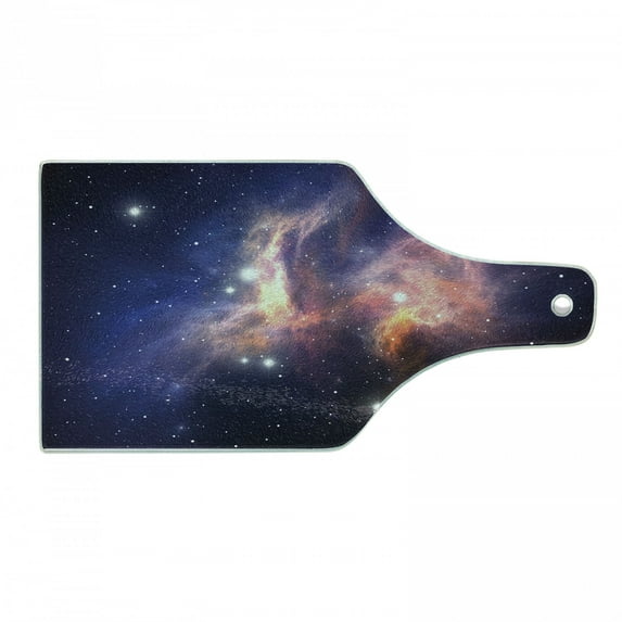 Galaxy Cutting Board, Space Nebula Theme Big Gas Energy and Stars Futuristic Theme Illustration, Tempered Glass Cutting and Serving Board, Wine Bottle Shape, Purple Blue Orange, by Ambesonne