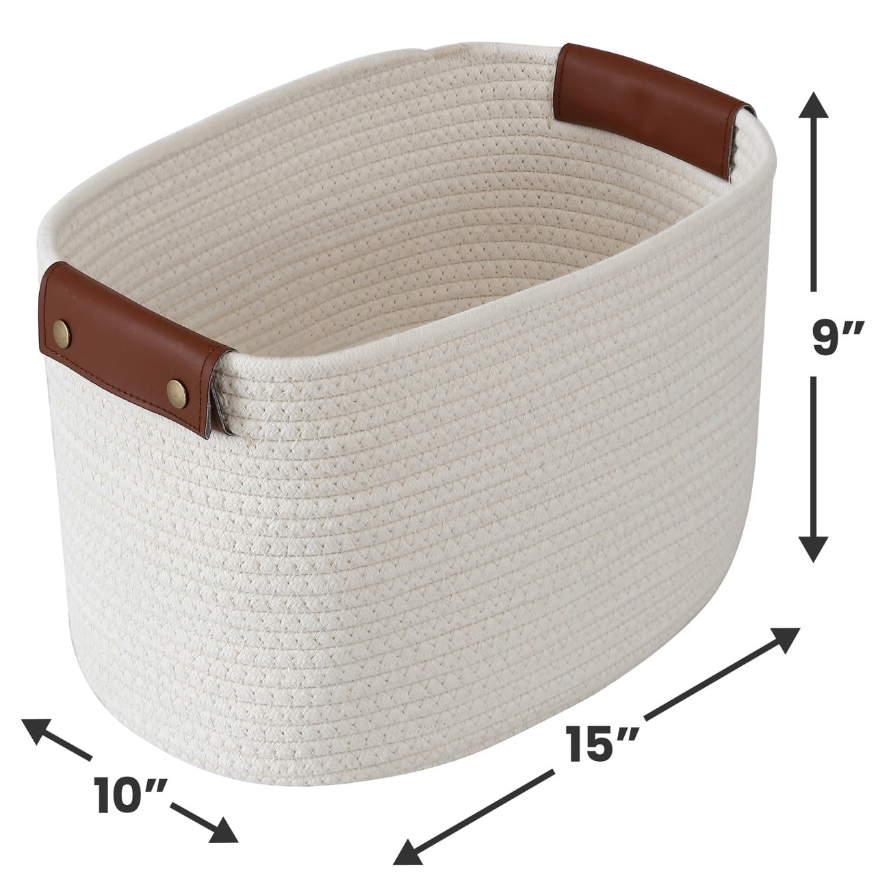 3 Pack Woven Cotton Rope Shelf Storage Basket with Leather Handles, Baby Nursery Storage Bin Organizers, Closet Shelf Storage - 15 x 10 x 9