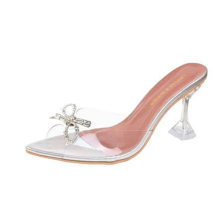 

TAIAOJING Women High Heels Solid Color Transparent Rhinestone Bow High Heel Sandals Fashion Shoes Zapatos