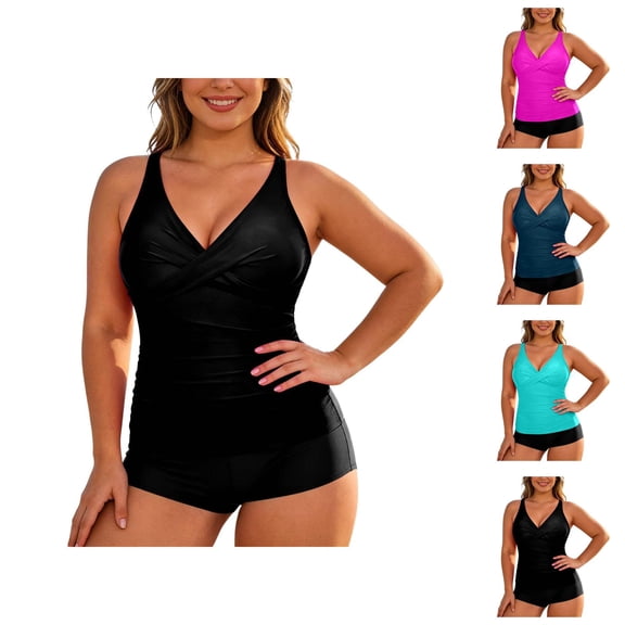 Plus Size Tankini Swimsuits for Women Twist Front V Neck Tummy Control Tankini Top Boyshorts Two Piece Swimsuit Bathing Suit