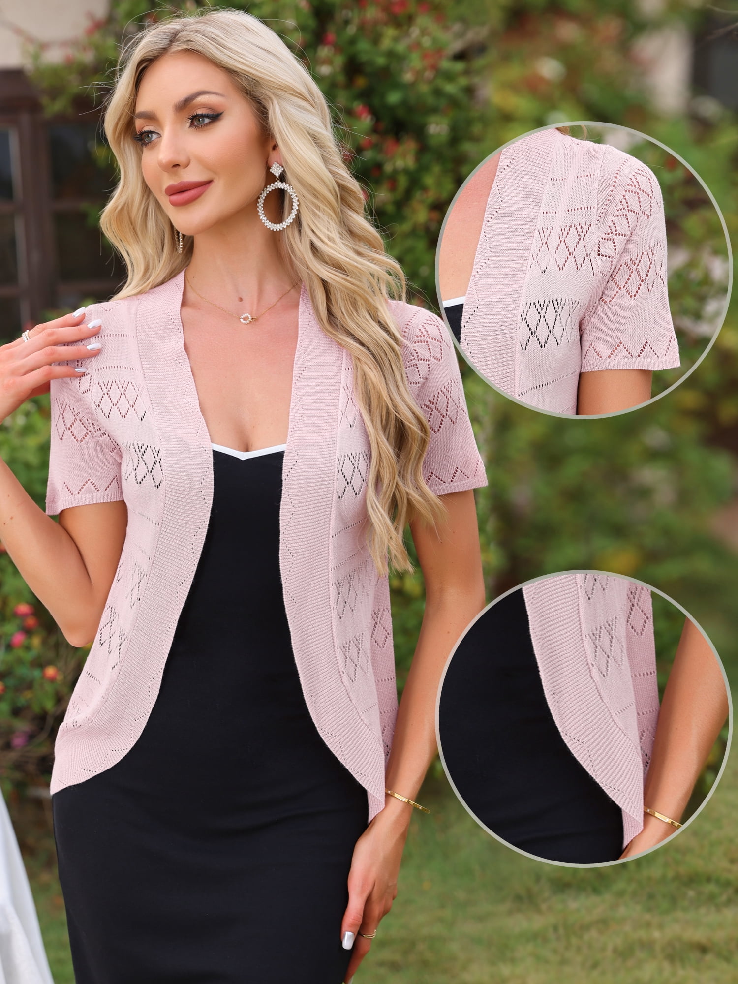 DARING DIVA Women's Short Sleeve Crochet Open Front Knit Cardigan Shrugs XS Light Pink