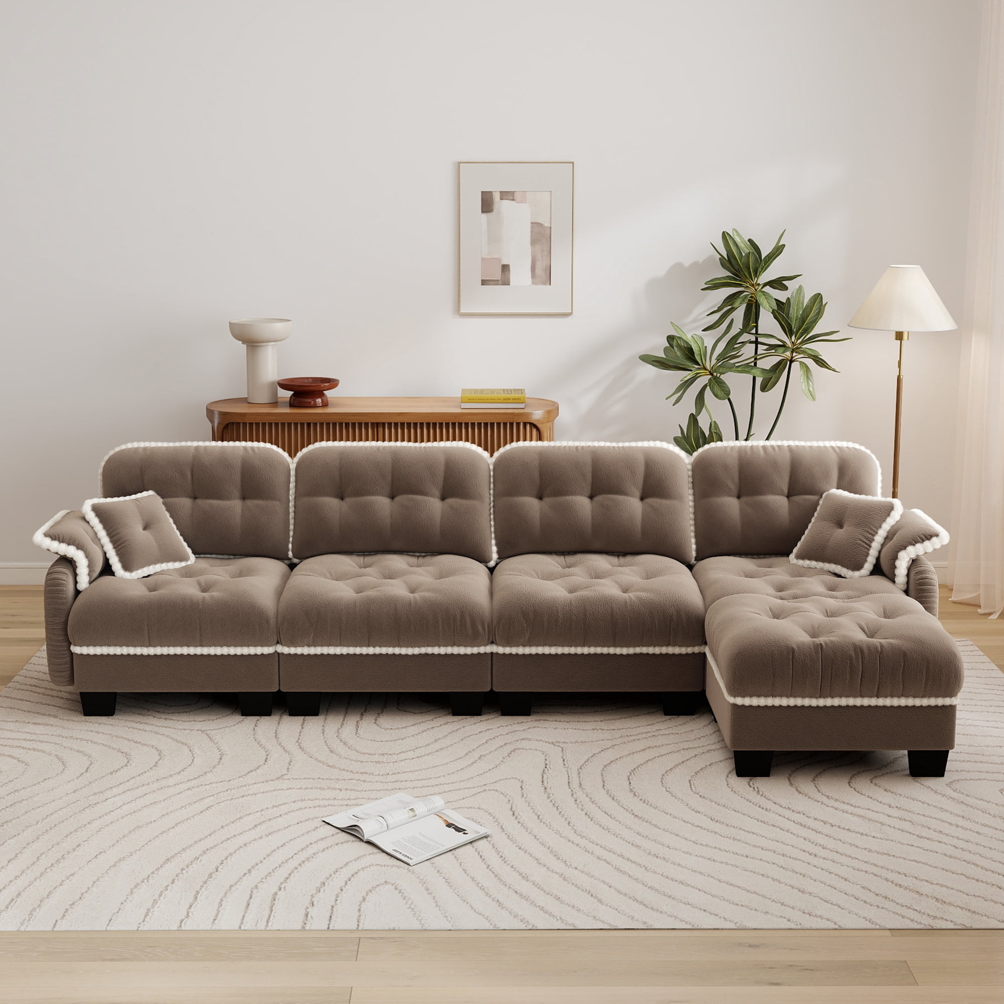 Aenkyo 131.5" Chenille Modular 4-Seater Sectional Sofa with Movable Ottoman, Camel