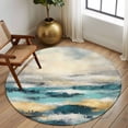 thumbnail image 2 of Round Rugs 5Ft, Teal Gold Coastal Wave Round Area Rug Washable Indoor Throw Carpet, Abstract Oil Painting Ocean Soft Non Slip Circle Rug for Cabinet Bathroom Home Decor Aesthetic, 2 of 8