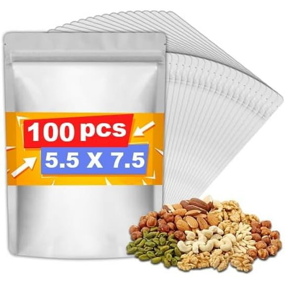 Mylar Bags for Food Storage, 5.5" X 7.5" Foil Bags, Reusable Food Storage Bags, Freshie Bags, Stand-Up Zipper Pouches Resealable for Long Term Food Storage