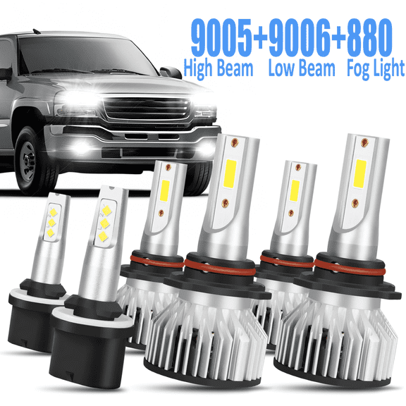 6pcs For 1999 2000 2001 2002 GMC Sierra 1500 2500 9005 9006 LED Headlight   880 Fog Light Bulbs Super Bright White 6000K