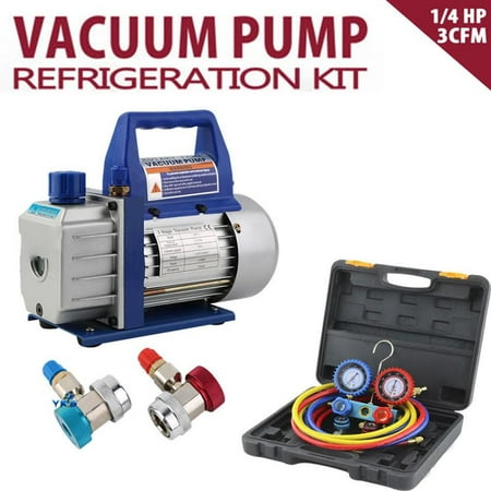 1/4HP 3CFM Air Vacuum Pump HVAC Refrigeration Kit, R134a Aluminum AC Manifold Gauge Set, QC19 Adapter & Couplers Adapters & Hose Kit