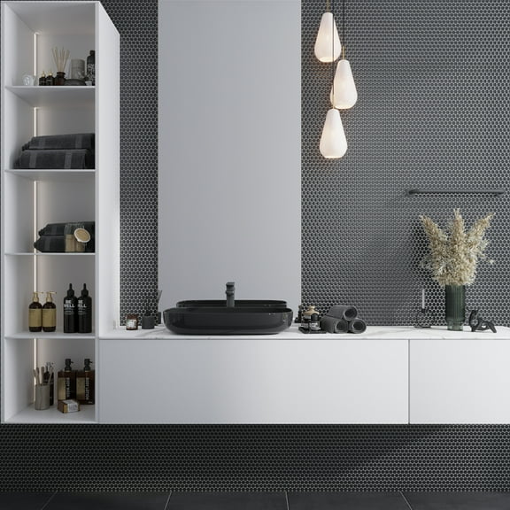 Cirkel 11.46 in. x 12.4 in. Glossy Black Porcelain Mosaic Wall and Floor Tile (9.87 sq. ft./case) (10-pack)