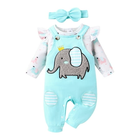 

Baby Girl Elephant Pattern Outfit Long Sleeve Crew Neck T-shirt Bib Suspender Pants and Headband Infant Clothes