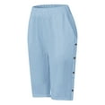 thumbnail image 7 of Lenpel Bermuda Shorts for Women Summer Casual Elastic High Waisted Side Button Cotton Linen Shorts Knee Length Shorts, 7 of 7