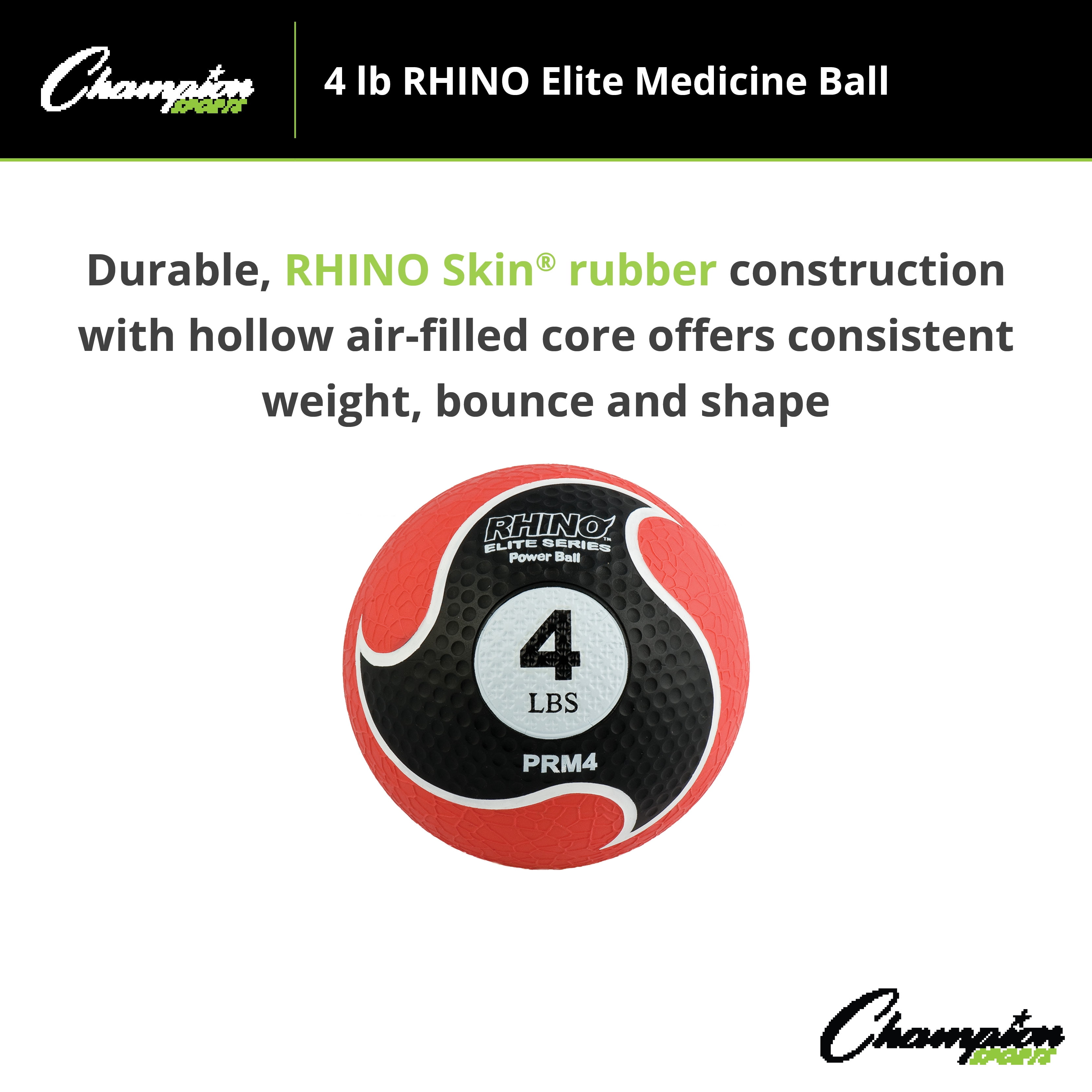 Champion Sports Rhino Elite Medicine Ball-Durable Rubber Weighted Ball & Textured Grip for Core Strength-Cardio & Cross-Training Workouts-Home or Gym Fitness-Red (4lbs)