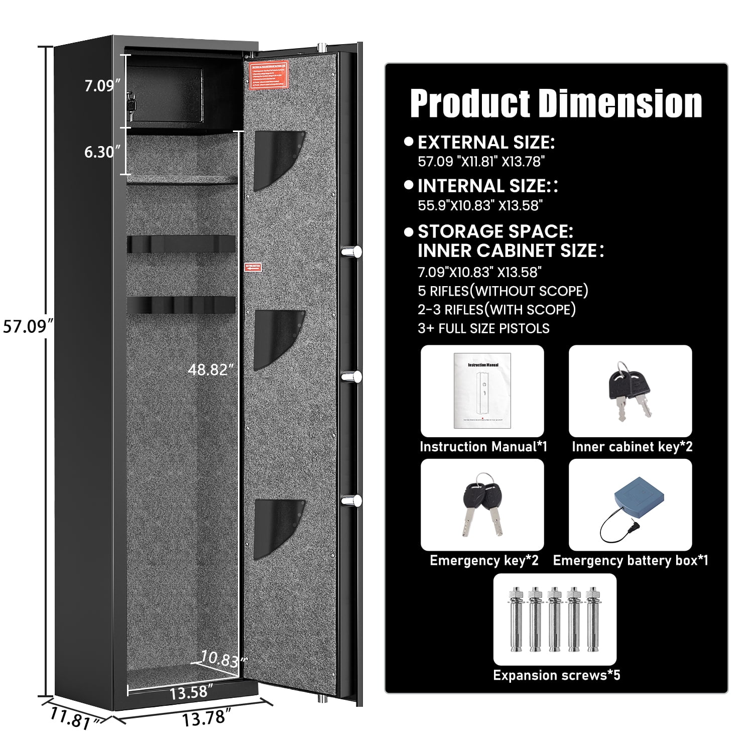 Kavey 5-6 Long Gun Safe, Digital Gun Safe with Inner Cabinet, Gun Storage for Shotgun with Dual Alarm & Mute Mode, Shotgun Safe with Backlit Keypad