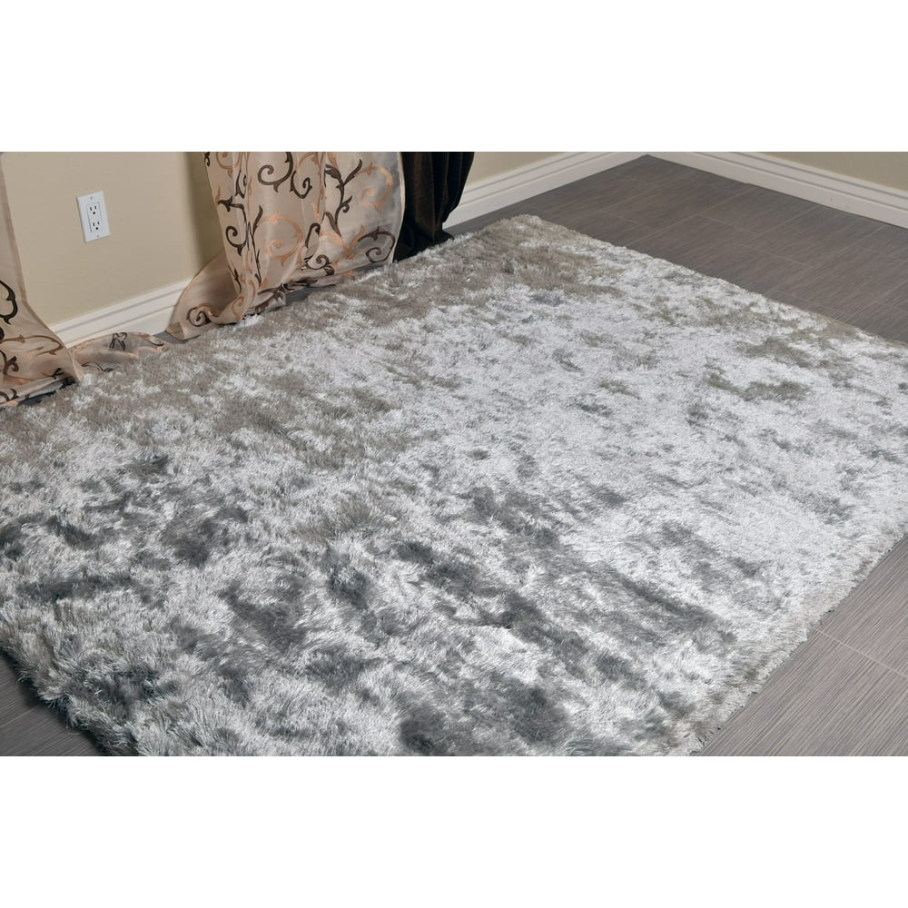SilverGrey Black Rich Soft Shaggy 5x8 ft Area Rug Table Hand Tufted Gray Polyester Shag Carpet
