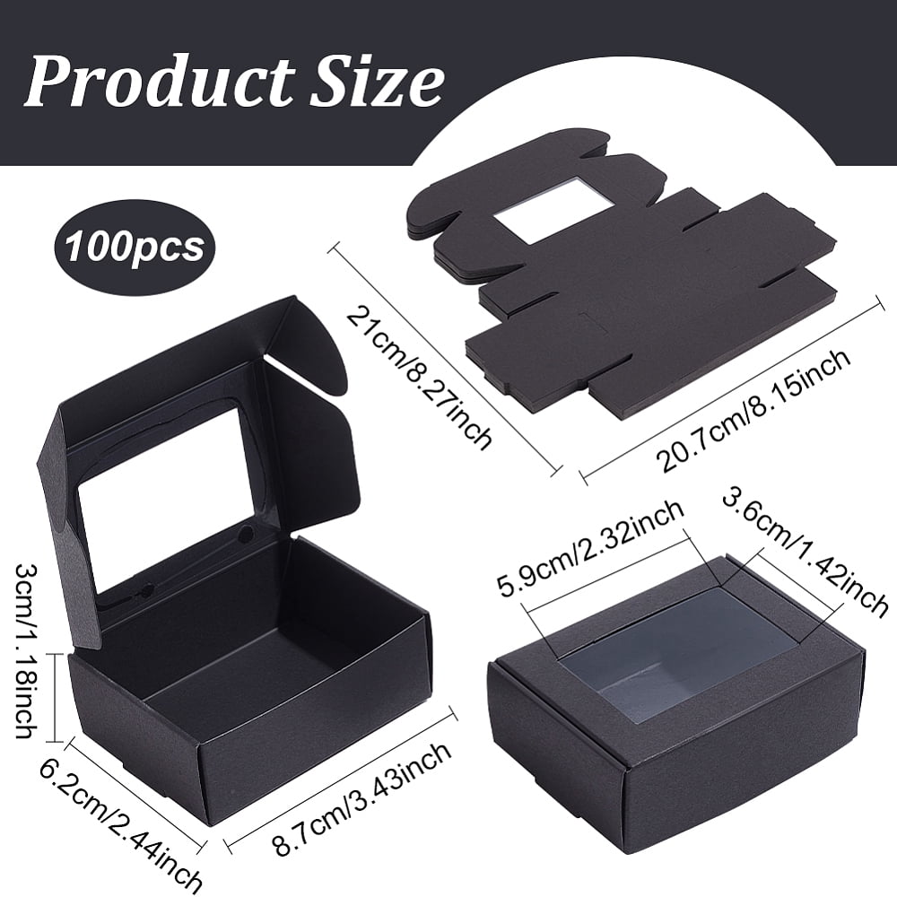 100Pcs Craft Paper Boxes with Windows Rectangle Black 6.2x8.7x3cm DIY