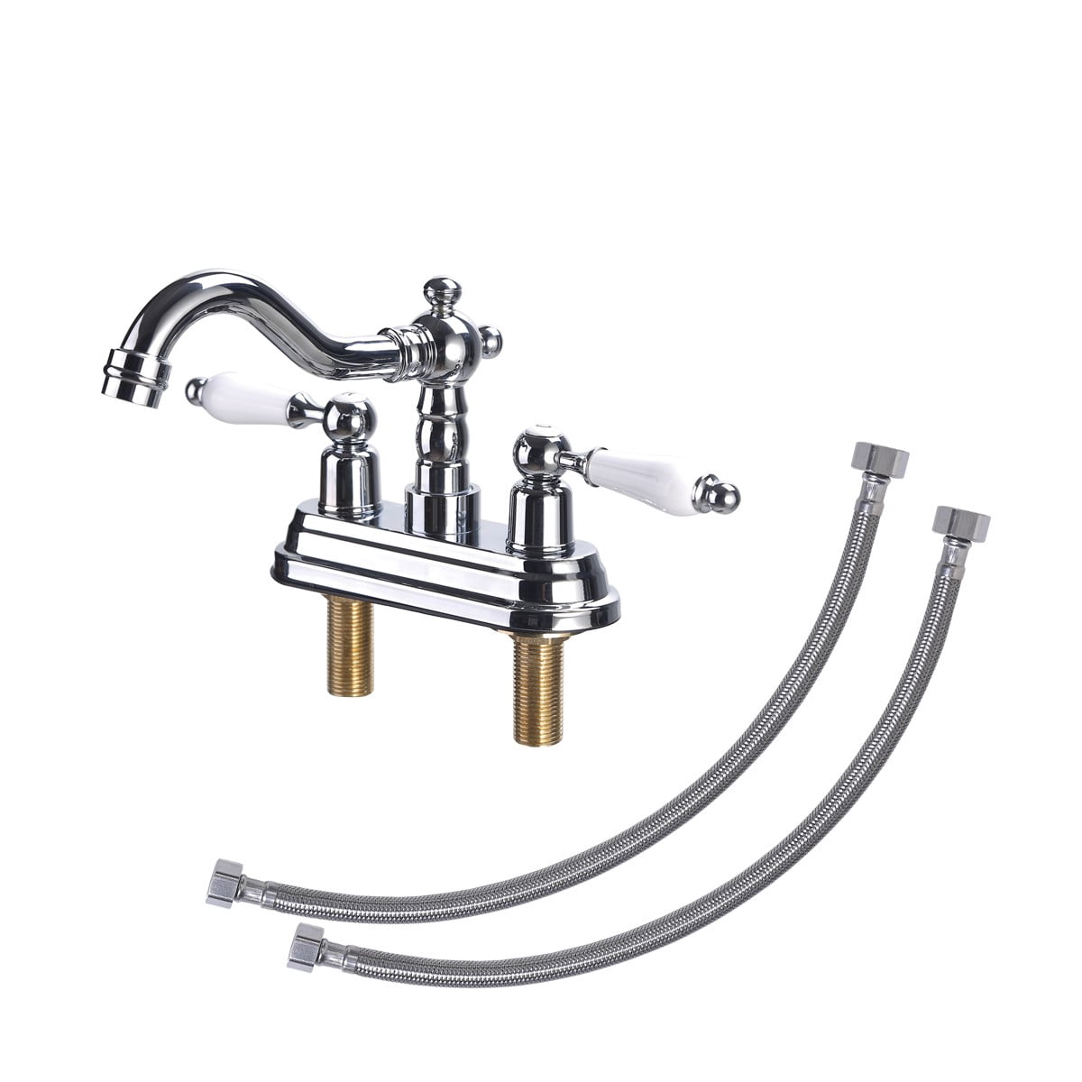 Chrome Polished Heavy Duty Brass Centerset Bathroom Sink Faucet 4" L Lux Belle Style White Double Handles Labeled Hot and Cold Accent Vanity Faucets with Supply Lines Renovators Supply Manufacturing