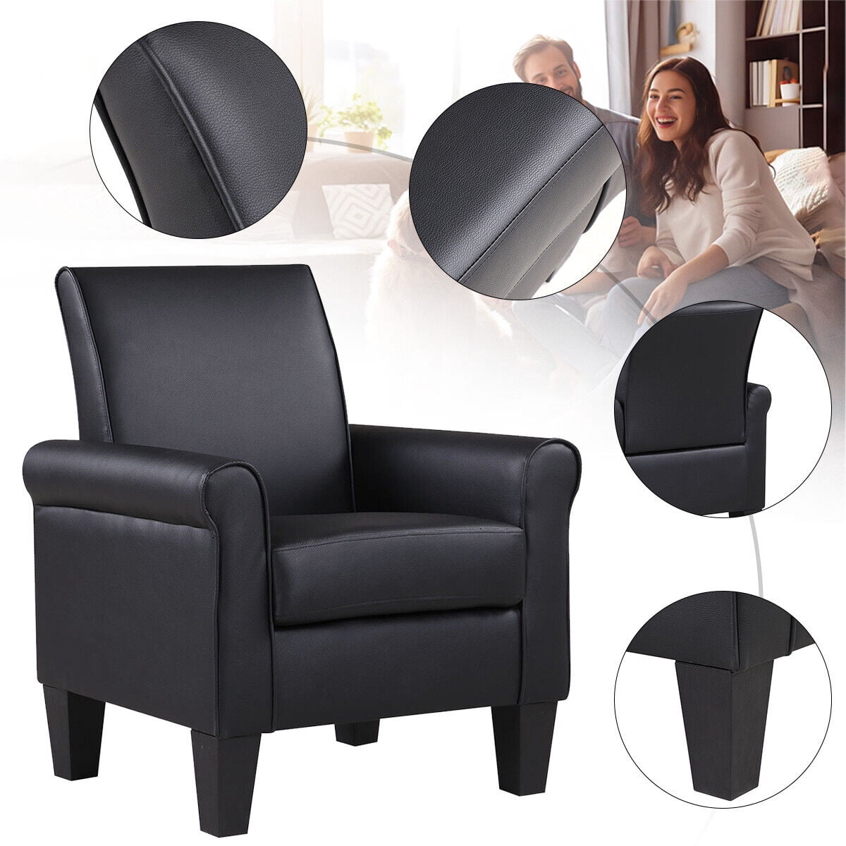 Lohoms Modern PU Faux Leather Accent Armchair Accent Arm Club Chair, Black