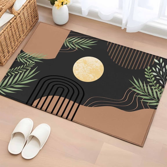 Area Rug 2x3ft, Boho Leaf Arch Moon Washable Rugs for Living Room Bedroom, Mid Century Vintage Brown Soft Non-slip Area Rugs Rectangle Floor Carpet for Dining Room