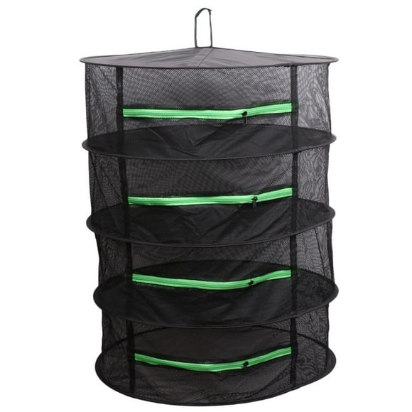 DOLITY Séchoir Rond Imperméable Pliable à 4 Couches, Séchoir à Herbes Suspendu, Respirant, Séchage Rapide Noir + Fermeture Éclair Verte