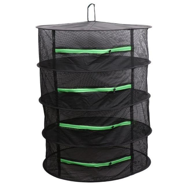 DOLITY 4 Layer Round Waterproof Collapsible Drying Rack Hanging Herb Drying Rack, Breathable, Quick-drying Black + Green Zipper