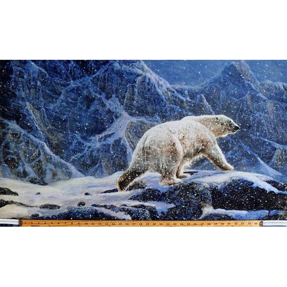 24.5" X 44" Panel Polar Bear Arctic Animals Wildlife Snow Winter Icebergs Northern Solitude Navy Blue Digital Print Cotton Fabric Panel (DP22270-49NAVY)
