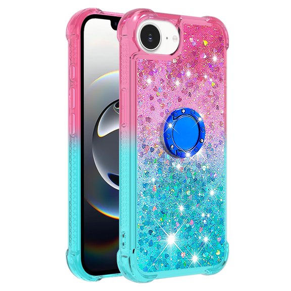 Phone Case for iPhone 16E/SE 2025 Case with Ring Kickstand,Cute Glitter Bling Sparkle Quicksand Flowing Liquid Clear Gel Silicone ShockProof Cover Girls-B3