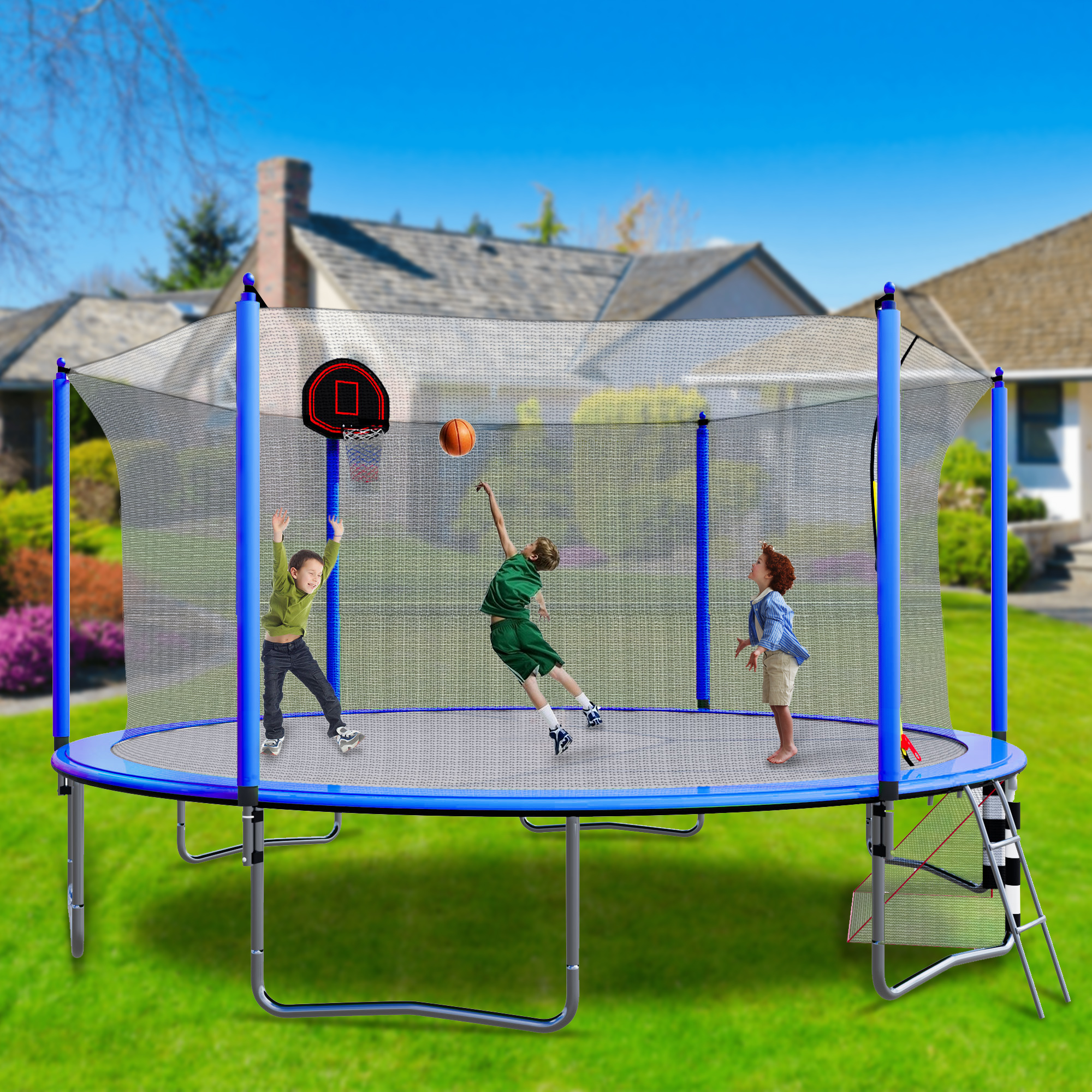 Witaxima 16FT Trampoline with Basketball Hoop, Soccer Goal, Pump & Ladder, Inner Safety Enclosure, Blue - 96 Springs, UV-Resistant, W-Shape Legs