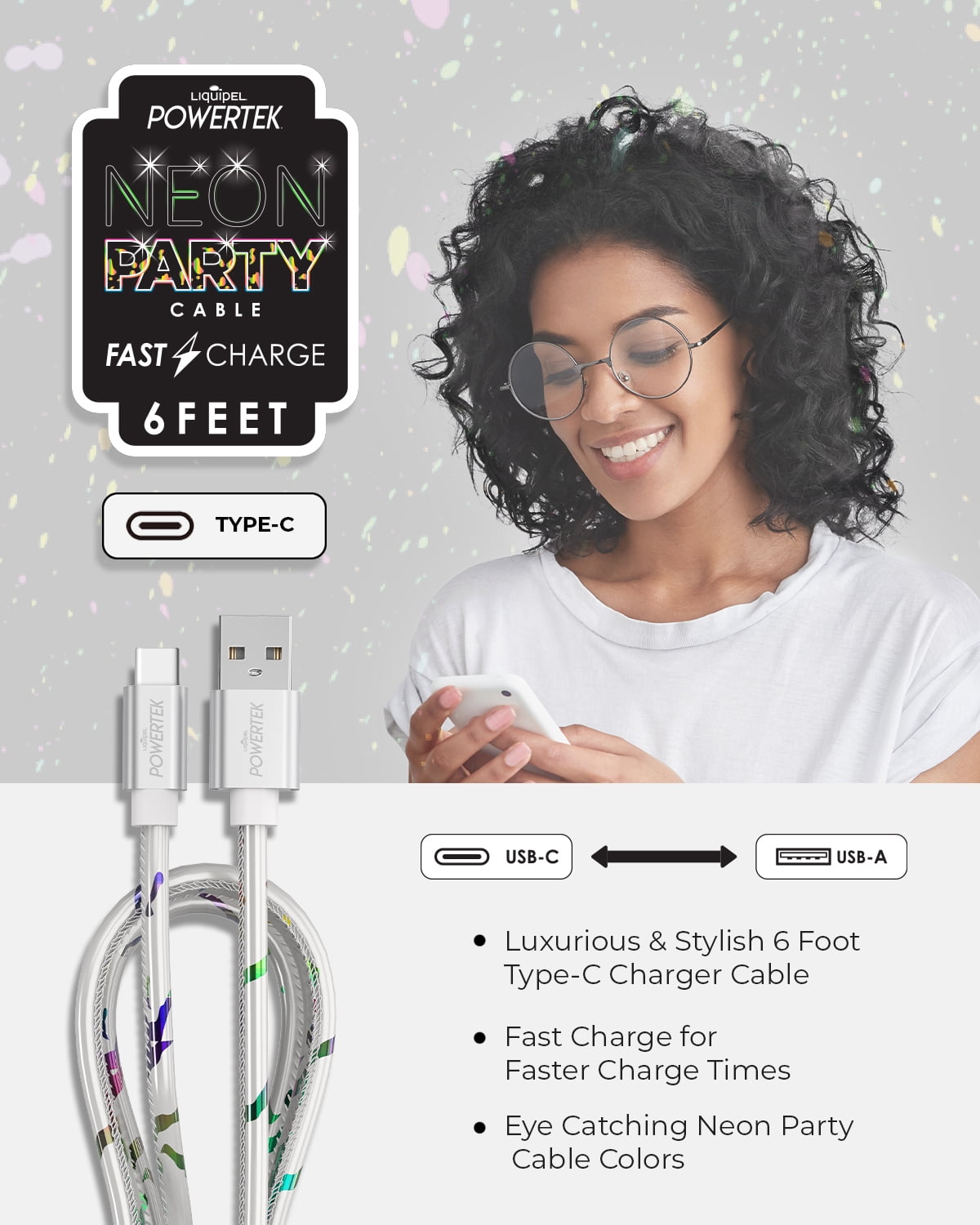 Liquipel Powertek Type-C Fast Charger Cable, 6ft USB-C for Galaxy, Note, Tab, MacBook, Neon Party