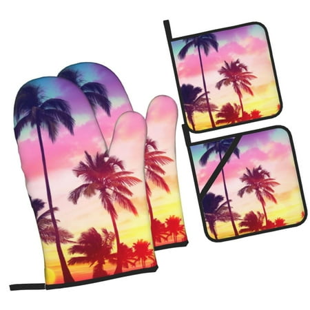 

Tebeau Tropical Palm Tree at Sunset Print 4 Pcs Oven Mitts and Pot Holders 500°F High Heat Resistant Kitchen Oven Mitts with Pot holders Long Oven Mitts for Baking and Cooking