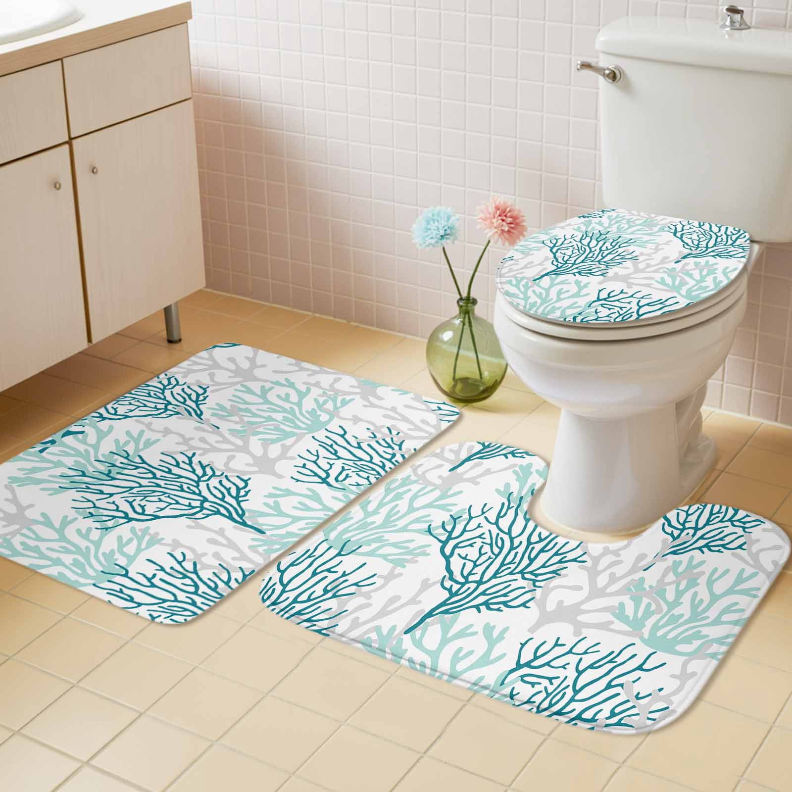 Teal Grey Coral Coastal Bath Mat 3 Piece Bathroom Rug Set, Summer Beach Seaside Nautical Non Slip Bath Rug Contour Mat and Toilet Lid Cover, Absorbent Shower Mats Soft Bath Rugs and Mats Sets