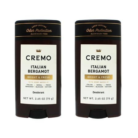 2 Pack - Cremo Italian Bergamot Aluminum Free Deodorant for Men, Long-Lasting Odor Protection, 2.65 OZ