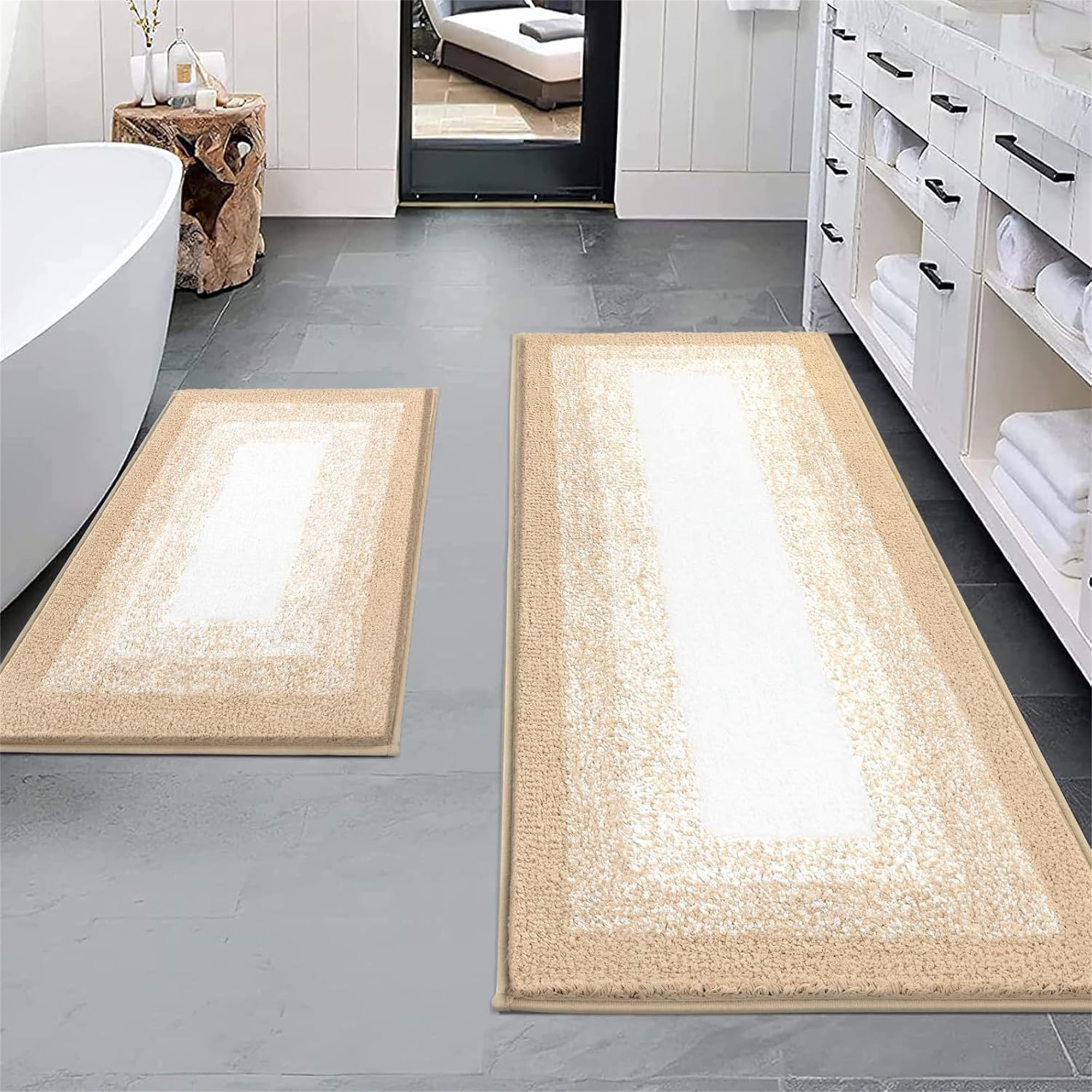 Ileading 2 Piece Bath Rug Set Microfiber Washable Non Slip Bathroom Rug and Mat Set, Beige
