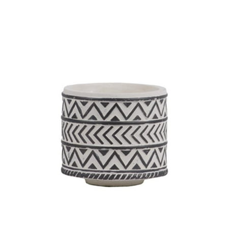 

Small Stoneware Cylindrical Pot with Painted Black Embossed Lattice Chevron Design Body & Tapered Bottom Washed Finish - White