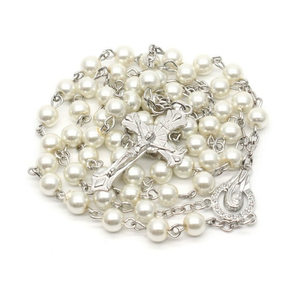 YUTIPGER White Pearl-Rosary Beads Catholic Necklace Holy Medal-Cross-Christian Long Chain Necklace for Women and Men Jewelry