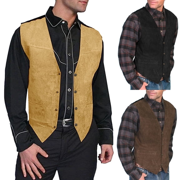 Mens Cowboy Vest Gentlemens Ball Plays Retro Suede V Neck Button Sleeveless Jacket Black M