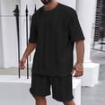 thumbnail image 3 of AWARDER Men's Summer 2-Piece Set, Knitted Solid Color Jacquard Short Sleeve T-Shirt and Casual Shorts, Breathable Lounge Outfit For Spring and Summer Season,Black,L, 3 of 9