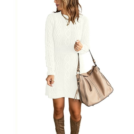 luvamia Fall Winter Women s Long Sleeve Mock Neck Sweater Dress Solid Knit Mini Pullover White Dresses Women Size M Fit Size 8 Size 10