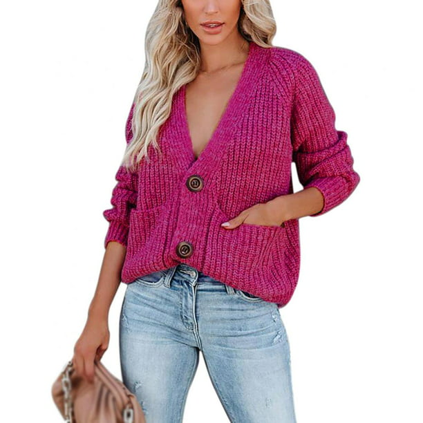 Women's V Neckline Button Down Knitwear Lantern Sleeve Basic Knit Cardigan  Sweater Tops - Walmart.com