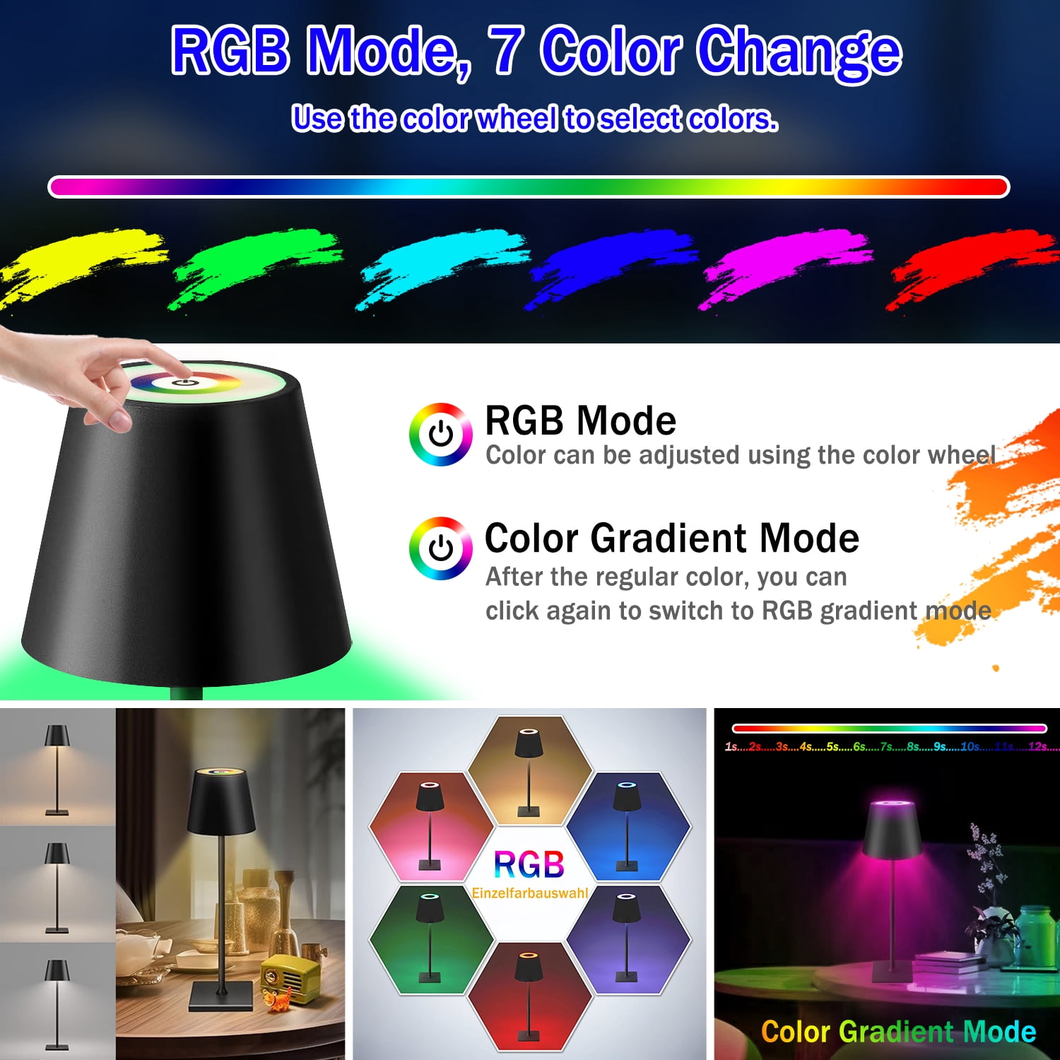 LED Cordless Touch Table Lamp, 4000mAh Large Battery Rechargeable Desk Lamps, Outdoor Wireless RGB Colour Metal Bedside Table Light Lamps with Waterproof Suitable for Bedroom Dining Coffee Outdoor