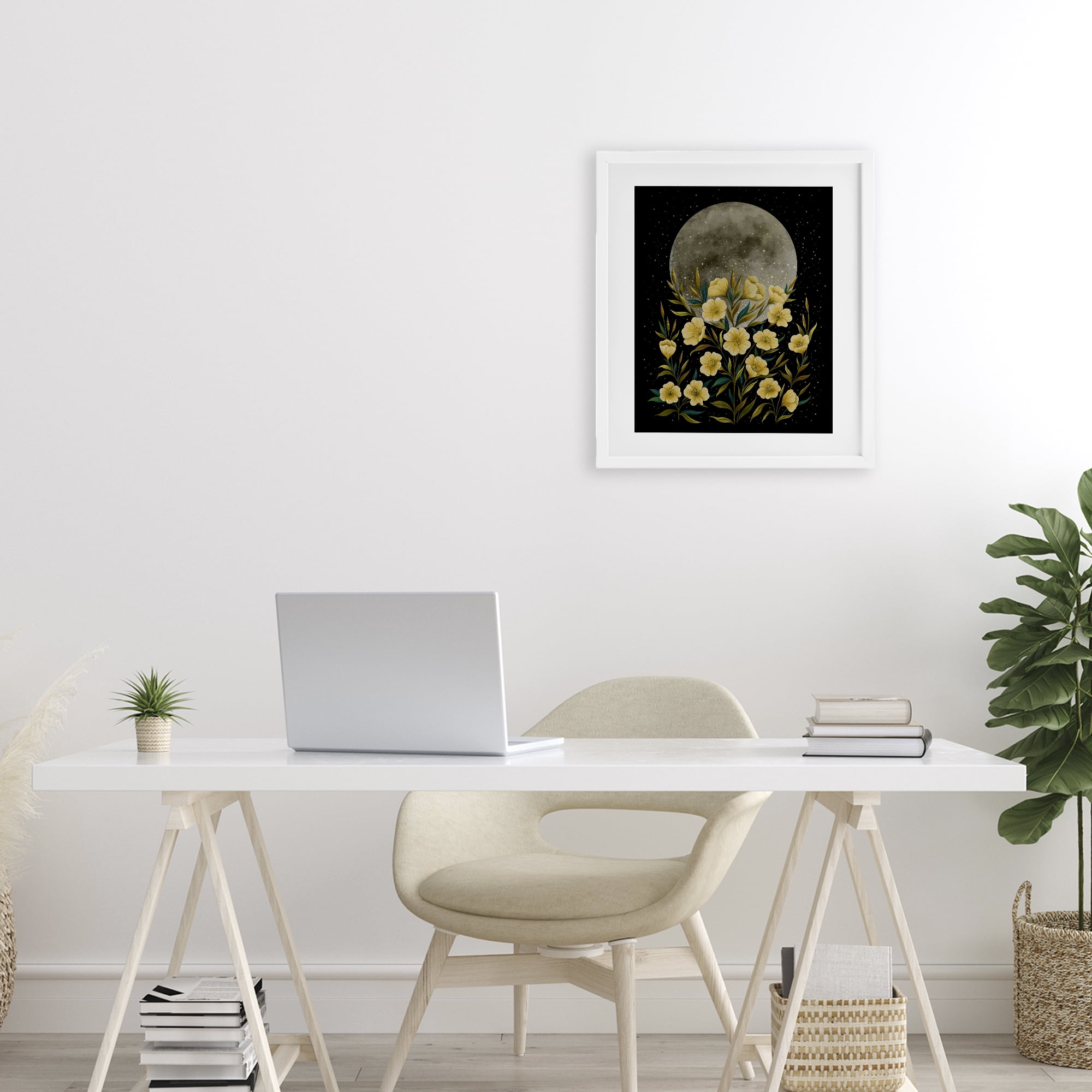 Stupell Industries Moon Greeting Yellow Flowers White Framed Print Under Glass, design by Episodic Drawings